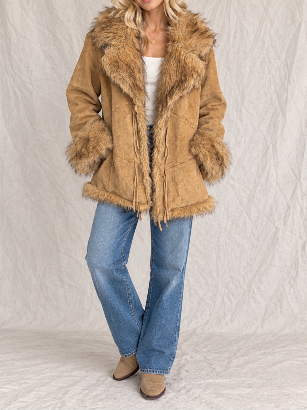 Vintage Y2K XOXO Genuine Suede Penny Lane Coat Faux Fur XL